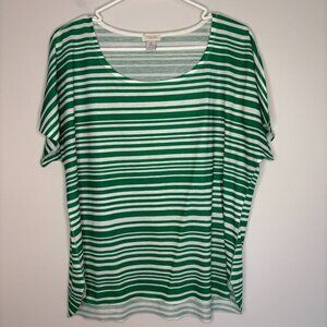 CHICO's Tee 2 (Medium) Round Hi - Lo Hem Short Sleeve Stripes Green White